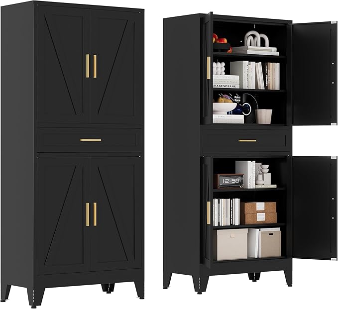 71 "Farmhouse Metal Filing Cabinet with a Drawer and 4 Adjustable Shelves, with 4 Large barn Door White Kitchen Cabinets, Metal Food Cabinets for Home, Kitchen, Dining/Living Room (Black)-Ruum Studio Home