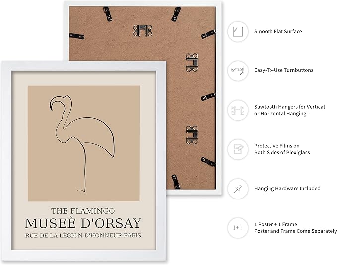 Poster Master Vintage Poster - Retro Minimalist Print - Gift for Artist, Housewarming - Flamingo, Line Drawing, Sketch, Abstract - Wall Decor for Living Room, Bedroom, 8x10 White Framed-Ruum Studio Home