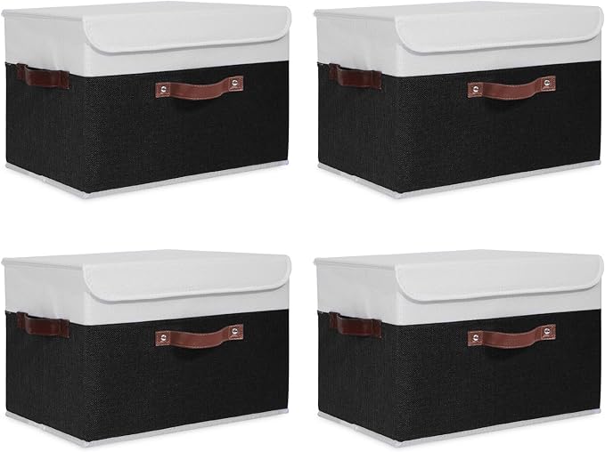 ANMINY 4PCS Storage Boxes with Lid Washable Decorative Storage Bins Basket with PU Leather Handle Foldable Linen Fabric Storage Cubes Containers for Home Closet Organizer - Black White, Large Size-Ruum Studio Home