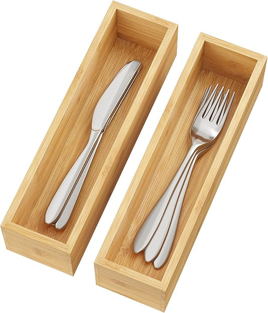 BAMEOS Kitchen Drawer Organizer,Small Silverware Drawer Organizer,Bamboo Utensil Organizer for Bathroom, Dressing Room, Office, Pantry (Natural, 11"x 3") Set of 2-Ruum Studio Home