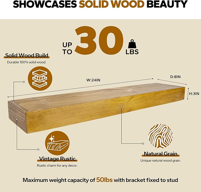 Floating Shelves 3 inch Thick for Wall Set of 2,Solid Pine Wood Wall Mount Shelf for Kitchen Living Room Bedroom Bathroom,8" D x 24" L x 3" H-Gold Oak-Ruum Studio Home