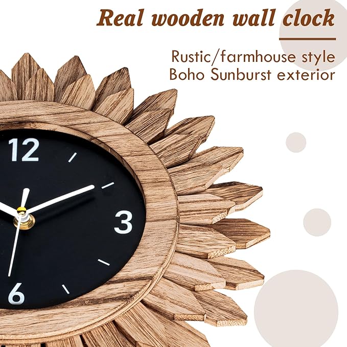 Honiway Wall Clock Battery Operated 12 in Rustic Wood Boho Sunburst Decorative Wall Clock Silent Non Ticking Farmhouse Small Wall Clocks for Living Room Kitchen Bathroom Bedroom Decor (Rustic Brown)-Ruum Studio Home