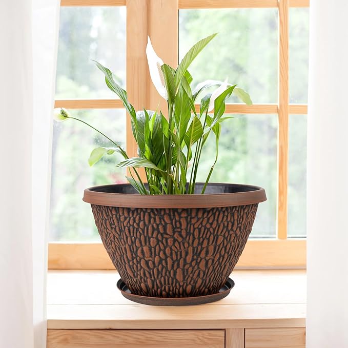 4 Pack Plant Pots Outdoor Indoor, 8 Inch Small Flower Pots with Drainage Hole & Tray, Thickened Plastic Outdoor Planters for Garden House Decor - Pebbles Pattern Design-Ruum Studio Home