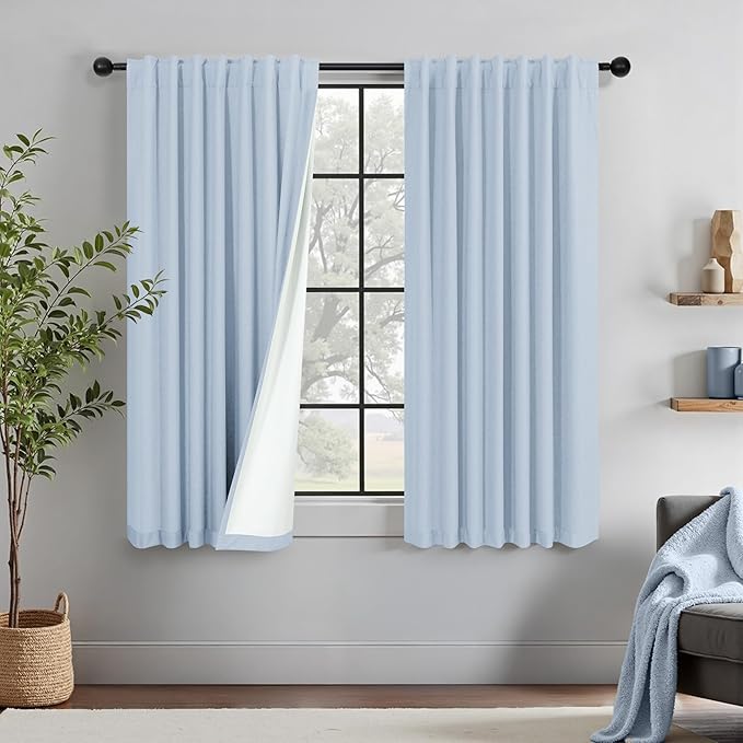 Baby Blue Curtains for Bedroom 45 Inch Length 2 Panel Linen Blackout Short Curtains for Nursery Boy Girls Bathroom Kitchen Light Bluey Unisex Black Out Drapes for Living Room Heat Cold Light Blocking-Ruum Studio Home