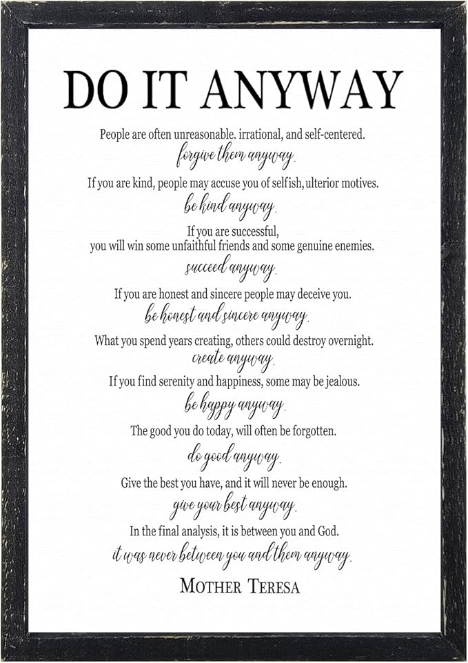 Do It Anyway Mother Teresa Wall Art Decor 16x11 Inch Wooden Framed Wall Hanging Sign (Black)-Ruum Studio Home