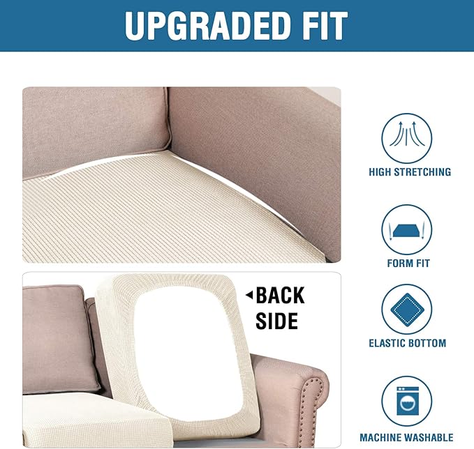 H.VERSAILTEX Super Stretch Individual Seat Sofa Covers Couch Slipcover Sets Thick Jacquard Textured Twill Fabric (2 Piece Medium Sofa Cushion Covers, Natural)-Ruum Studio Home