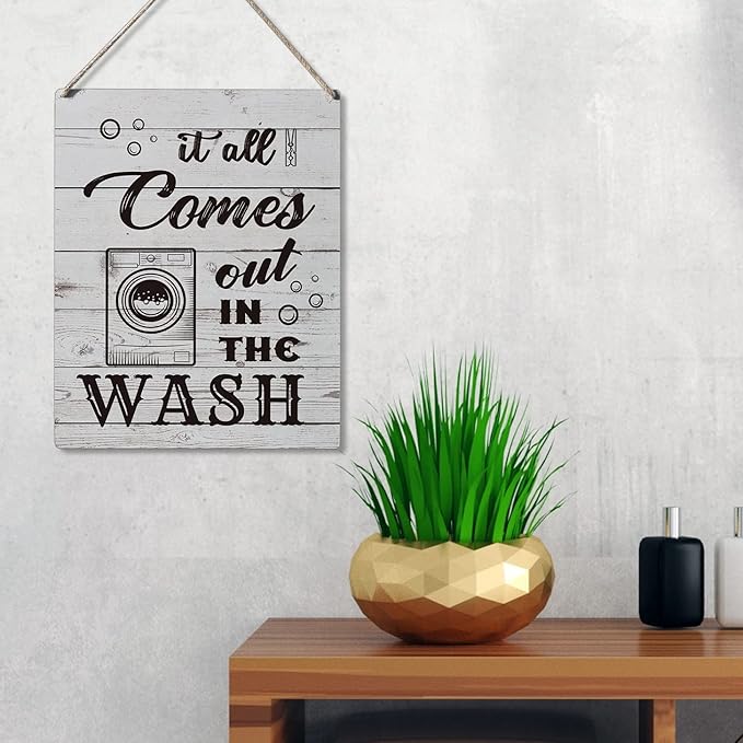 Qious Laundry Sign Gift Farmhouse It All Comes Out in the Wash Wooden Hanging Sign Plaque Rustic Wall Art Decor for Home Laundry Decoration 10 x 8 Inches-Ruum Studio Home
