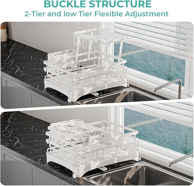 2 Tier Large Dish Drying Rack - Extendable Dish Rack, 2-in-1 Anti-Rust Stainless Steel Dishrack for Kitchen Counter and Sink, Dish Strainer with Utensil Holder & Cup Holder(White)-Ruum Studio Home