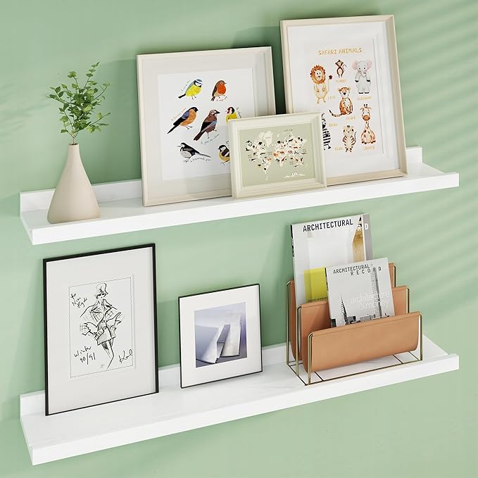 Floating Picture Ledge Shelves 36 Inch Solid Oak Wood Set of 2, Rustic Wall Storage Shelves with Lip, Kids Bookshelf, Photo & Picture Ledge Shelves for Bedroom, Living Room, Kitchen-Ruum Studio Home