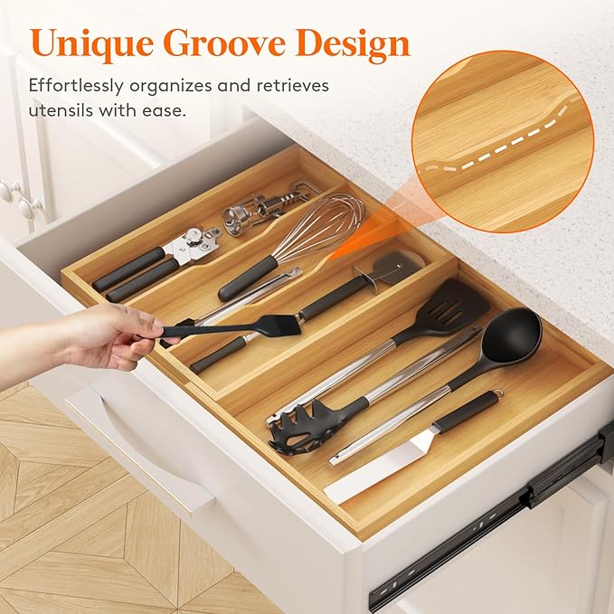 Lifewit Utensil Drawer Organizer, Expendable Cooking Silverware Tray for Kitchen Drawer, Bamboo Adjustable Cutlery Flatware Holder, Spatula Tools and Gadgets Storage Divider, 4 Compartments, Natural-Ruum Studio Home