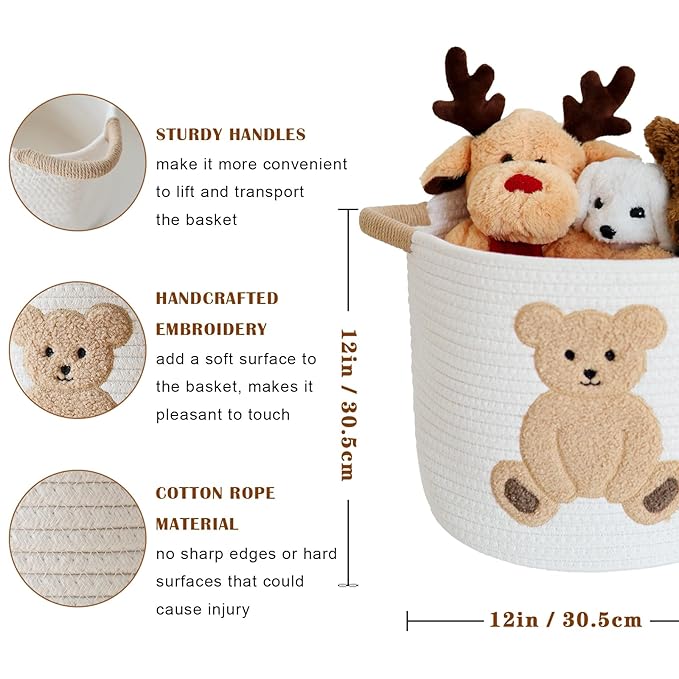 INough Cotton Rope Basket Toy Storage Baskets for kids Laundry Hamper, Gift Basket Empty Baby Shower Baskets with Handles, Cute Bins Blanket Stuffed Animal Storage for Nursery, Living Room Decor, Bear-Ruum Studio Home