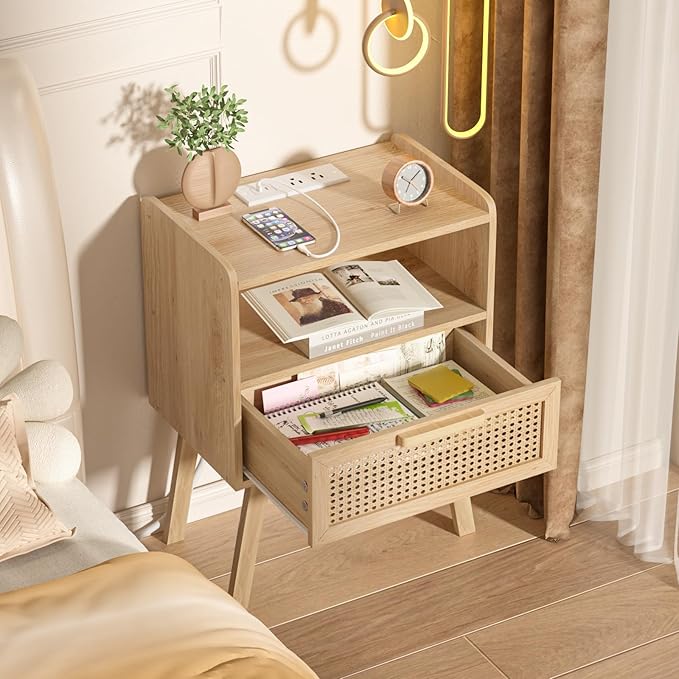 Lerliuo Rattan Nightstand with Charging Station, Boho Night Stand with Handmade Natural Rattan Drawer and Open Shelf, Cane Accent Side End Tables with Solid Wood Legs for Bedroom, Dorm, Small Spaces-Ruum Studio Home