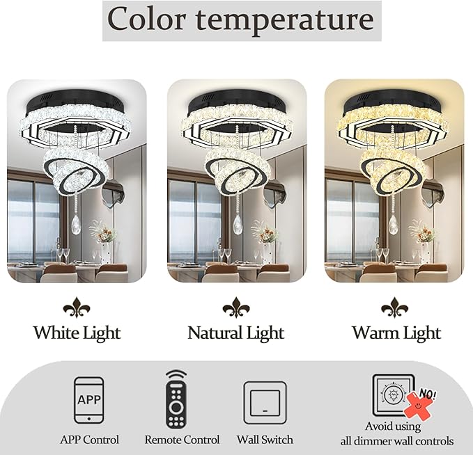Flashing God Dia 20" Modern Chandeliers for Dining Room Black Flush Mount Ceiling Chandeliers LED Dimmable Pendant Lighting Crystal Ceiling Light Fixture for Living Room Bedroom Hallway 2700K-6000K-Ruum Studio Home