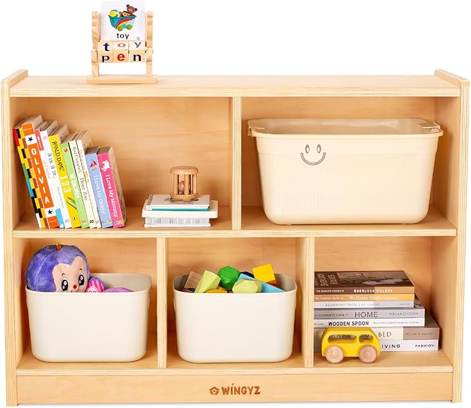 wingyz Wood Storage Shelf Organizer, 35.4" L, 5-Section Montessori Kids Toy & Book Shelf, Wooden Cabinet for Kids Rooms, Playroom, Classroom, Nursery, Preschool Furniture - Nature-Ruum Studio Home