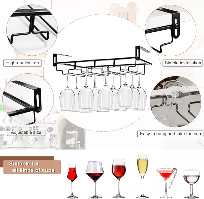 AUHOKY 2Pcs Adjustable Under Cabinet Stemware Metal Glass Holder, Hanging Wine Glass Storage Hanger Organizer for Shelf Kitchen Bar Decor(4 Rows, Black)-Ruum Studio Home