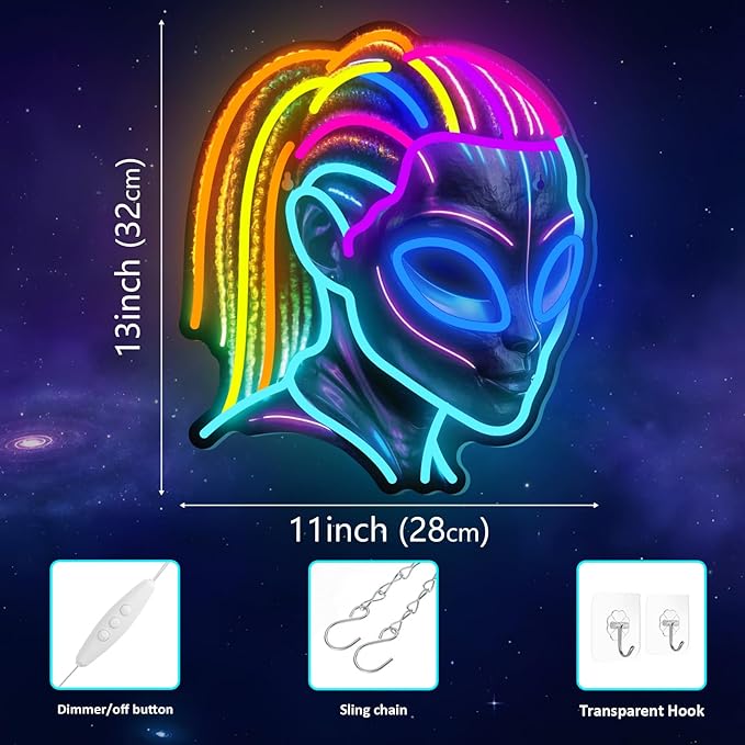 Dreadlocks Alien Neon Sign, E.T Neon Signs for Wall Decor, for Man Cave Game Room Teens Boy Room Decor, Gift for Teens Kids E.T Fans UFO Fans, Dimmable Decoration USB Powered with Switch-Ruum Studio Home