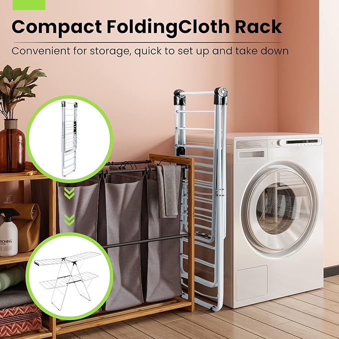 COSTWAY Clothes Drying Rack, Foldable 2-Level Laundry Drying Rack w/Height-Adjustable Wings, 33 Drying Rails & Sock Clips, Standing Large Drying Rack for Clothing, Indoor Outdoor Use-Ruum Studio Home