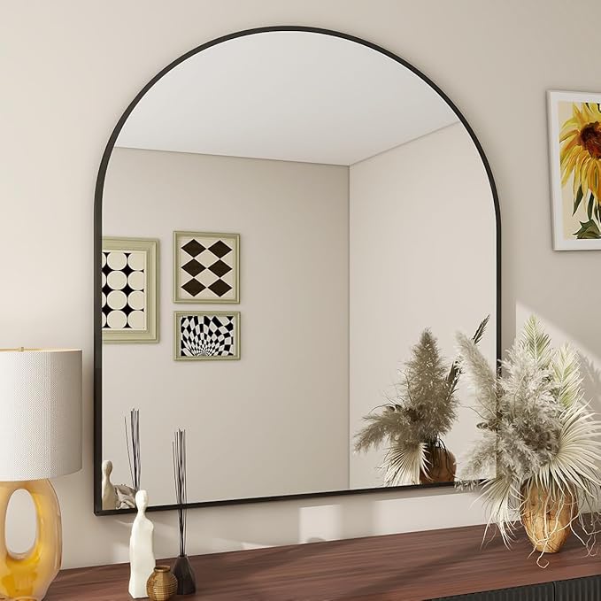 BEAUTYPEAK 32"x34" Arch Bathroom Mirror, Wall Mounted Vanity Metal Frame Mirror for Bedroom, Entryway, Living Room, Black-Ruum Studio Home