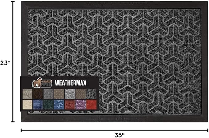 GORILLA GRIP 100% Waterproof All-Season WeatherMax Doormat 35x23, US Designed Natural Rubber, Stain and Fade Resistant, Low Profile Indoor Outdoor Door Mats, Easy Clean Patio Mat, Slate Geometric-Ruum Studio Home