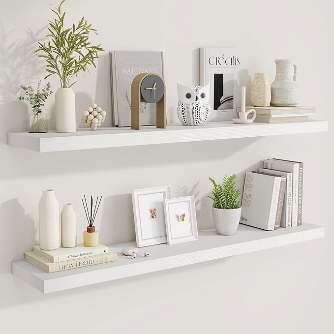 Fun Memories 48 Inch Deep Floating Shelves for Wall, 2 Pack of Long Wall Mounted Wood Shelves with Invisible Brackets for Bathroom, Bedroom, Living Room, Kitchen Decor and Storage, White-Ruum Studio Home