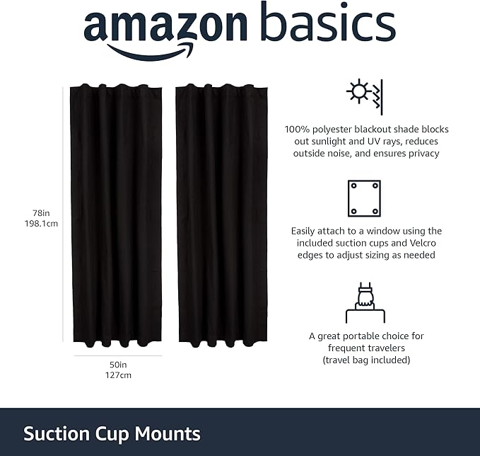 Amazon Basics Portable Blackout Curtain Shade with Suction Cups, 50"W x 78"L, 2-Pack, Black-Ruum Studio Home