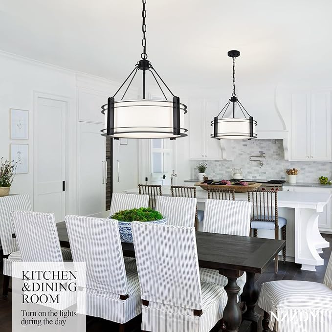 16.3''Black Drum Chandelier 3-Light Modern Farmhouse Chandelier with White Fabric Shade Adjustable Drum Pendant Light Fixture for Dining Room Kitchen Island Hallway Living Bedroom-Ruum Studio Home