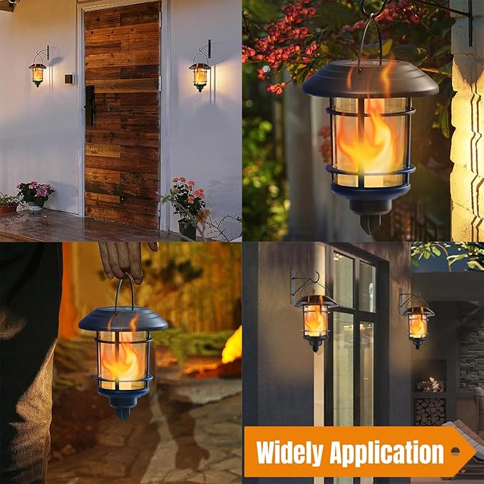 Dynaming Solar Flame Wall Lanterns, Outdoor Solar Wall Hanging Lights, Flickering Flame LED Lights Auto On/Off Wall Mounted Sconce Lights with Hooks, Waterproof for Garage Stair Patio Porch, 2 Pack-Ruum Studio Home