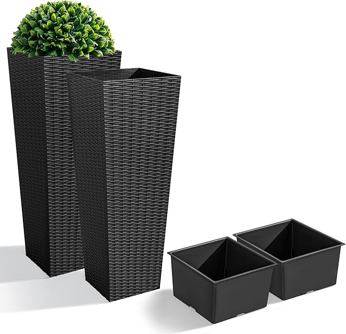 JUMMICO Set of 2 Resin Rattan Tall Planters for Outdoor Plants, Large Tapered Planters with Drainage Holes&Inner Trays, Flower Pots for Garden, Patio, Porch, Backyard (Black, 32'')-Ruum Studio Home