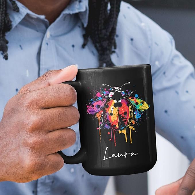 Personalized Choose Name Ladybug Coffee Mug, Colorful Ladybug Animal Design Cup, Customized Ladybug Lover Ceramic Mug, Gift For Christmas, Custom Animal Black Cup 11oz 15oz, Ladybug Mug-Ruum Studio Home