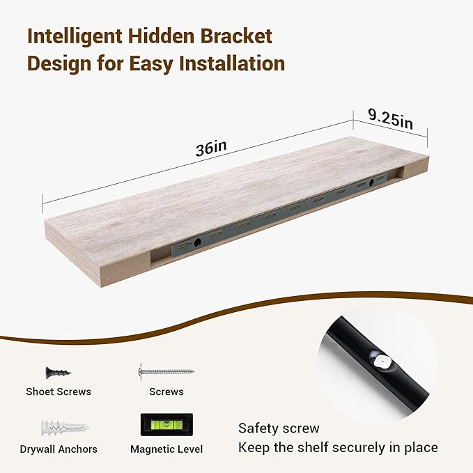 36 Inch Floating Shelves, 3D Textured Wood Grain, 36"x9.25"x1.5" Inch Deep Floating Shelves for Wall, Wooden Shelves for Bathroom, Bedroom, Living Room, Washed White-Ruum Studio Home