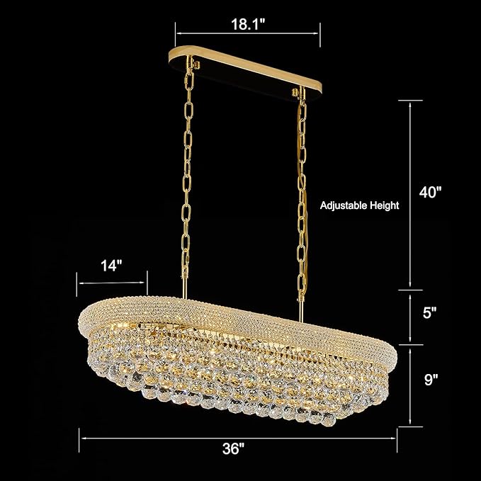 Rectangular Crystal Chandeliers for Dining Room,10 Lights Adjustable Height Oval Crystal Ceiling Light Fixture for Kitchen Island, Gold Finish, L36''-Ruum Studio Home