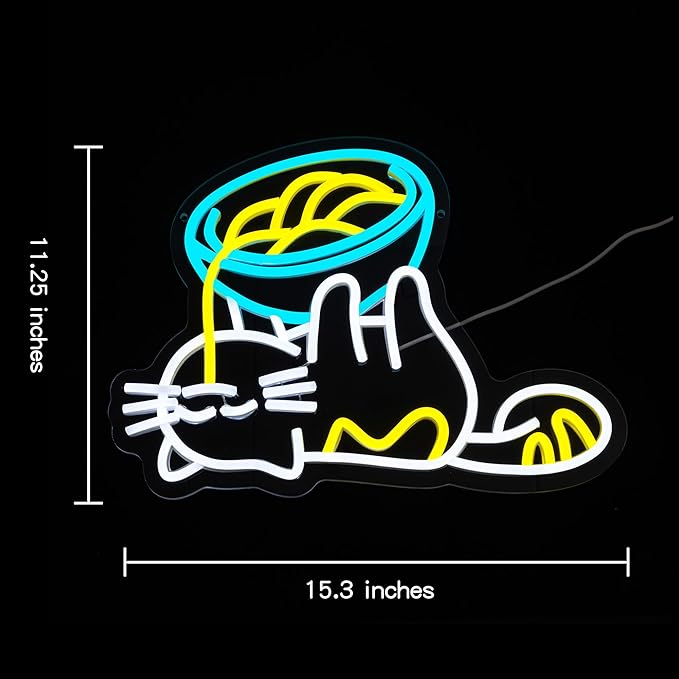 Ramen Cat Neon Sign for Wall Decor Cat Neon Light Ramen Neon Signs Colorful LED Neon Light Cat Noodle LED Neon Sign for Bedroom Kids Room Restaurant Kitchen Pet Store Deocration-Ruum Studio Home