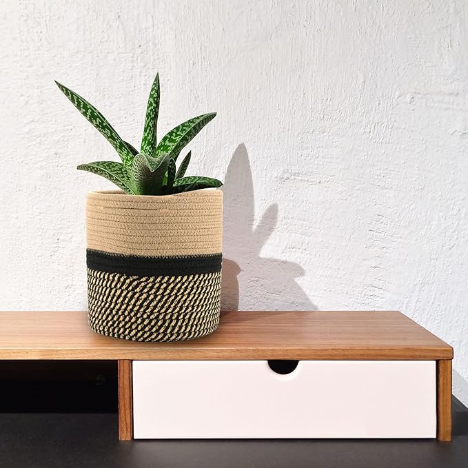 Woven Cotton Rope Plant Basket for 11" Flower Pot Floor Indoor Planters,Storage Organizer Basket Rustic Home Decor (11" x 11",Black and Brown Stripes)-Ruum Studio Home
