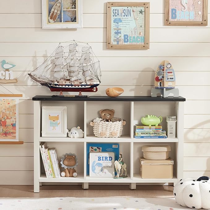 Farmhouse 6 Cube Bookshelf, Antique White & Black Wooden Storage Organizer Book Shelf, 47" Cubby Hallway Bookcase, Kids Toy Storage Cabinet, Modern Open Book Case for Living Room, Playroom-Ruum Studio Home