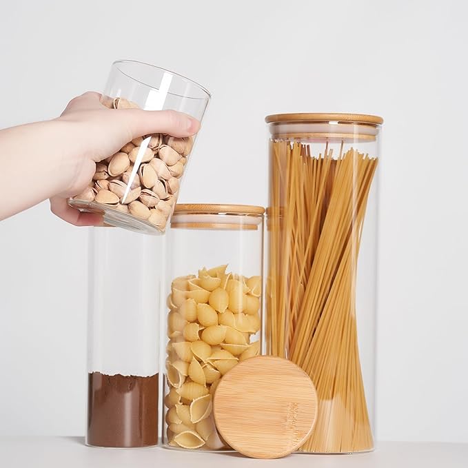 Glass Food Storage Jars, Glass Jars with Bamboo Lids, Kitchen Storage Jars, Canisters with Airtight Lids for Spice, Coffee, Cookie, Set of 7, Pantry Organizers-Ruum Studio Home