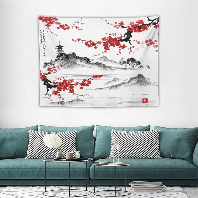 Cherry Blossoms Tapestry, Japanese Fuji Mountain Wall Tapestry, Nature Landscape Wall Art for Bedroom & Living Room Decor, 40"x30"-Ruum Studio Home