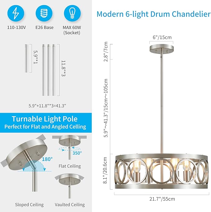 XINGQI 6-Light Modern Farmhouse Chandelier Brushed Nickel, 21.7'' Drum Ceiling Light Fixture for Living Dining Room Over Table with Round Metal Shade Pendant Lighting-Ruum Studio Home