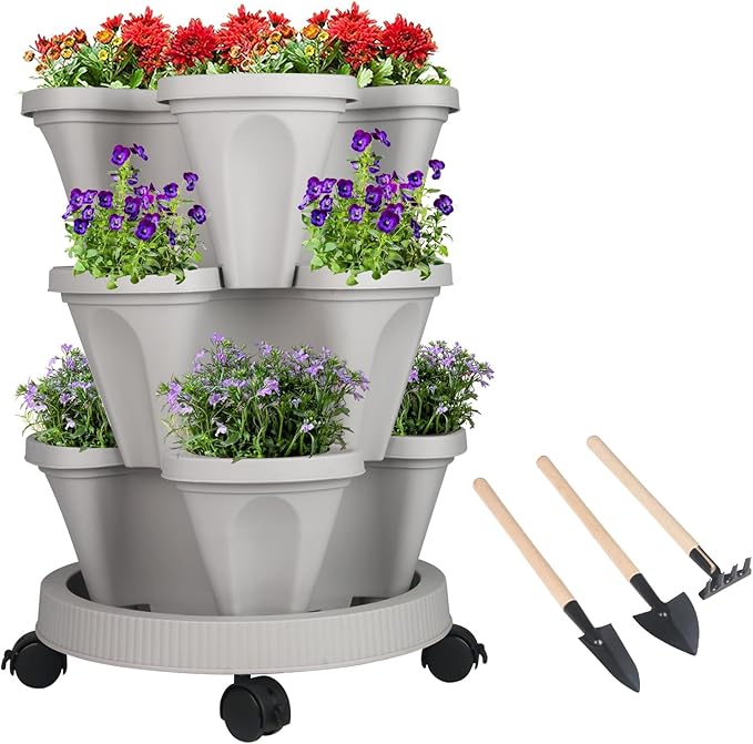 Vertical Planter 3 Tier Stackable Planters Garden Planters Strawberry Herb Flower and Vegetable Planter Indoor Outdoor Gardening Pots with Removable Wheels and Tools-Ruum Studio Home