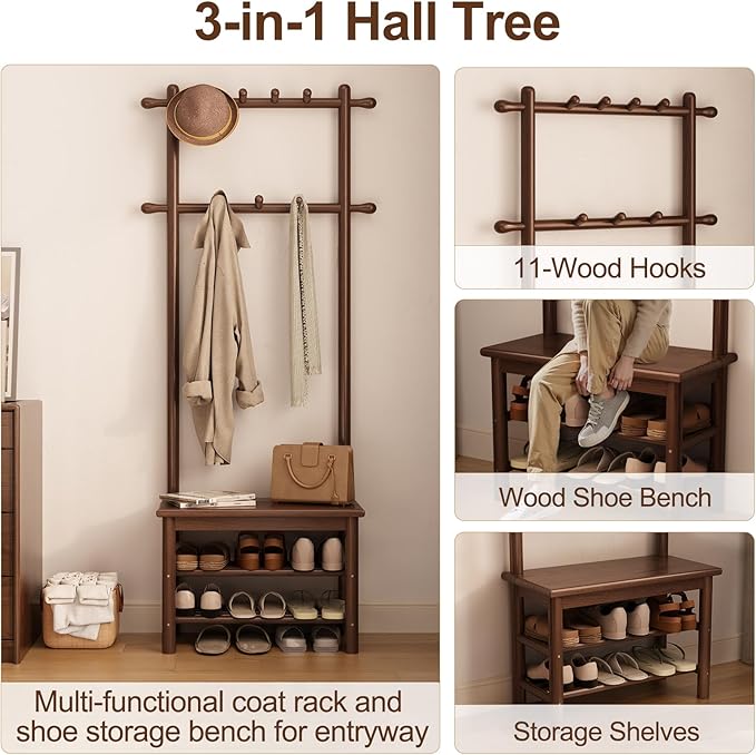 Hall Tree, Coat Rack with Shoe Storage, Wooden Hall Tree with Bench, 11 Hooks and 2-Tier Storage Shelves, Entryway Bench with Coat Rack (23.6" - Deep Walnut)-Ruum Studio Home