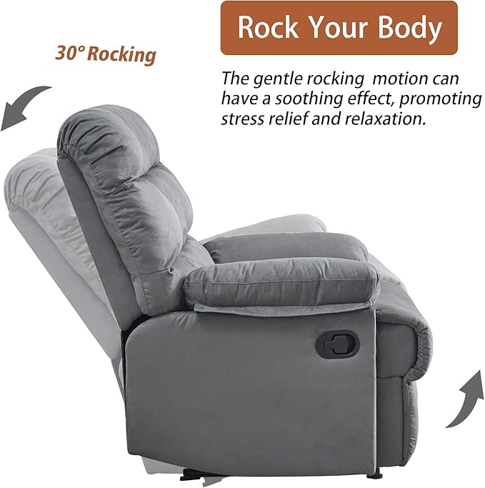 Rocker Recliner Chair, Overstuffed Manual Rocking Recliner for Adults, Upholstered Comfy Soft Fabric Living Room Reclining Sofa Chair(Gray)-Ruum Studio Home