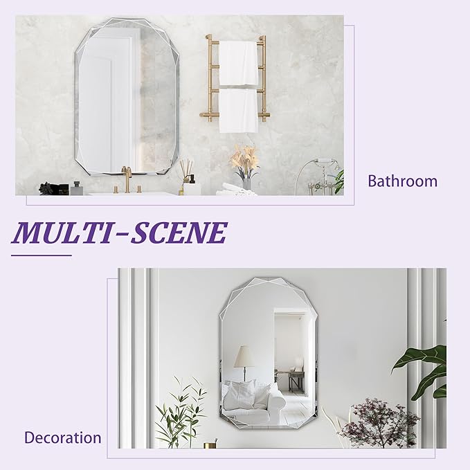 Bathroom Mirror for Wall, 30" x 48" Arched Mirror, Bathroom Vanity Mirror, Beveled Edge Frameless Wall Mount Vanity Mirrors, Wall Mirrors Decorative, Irregular Beveled Edge Mirror-Ruum Studio Home