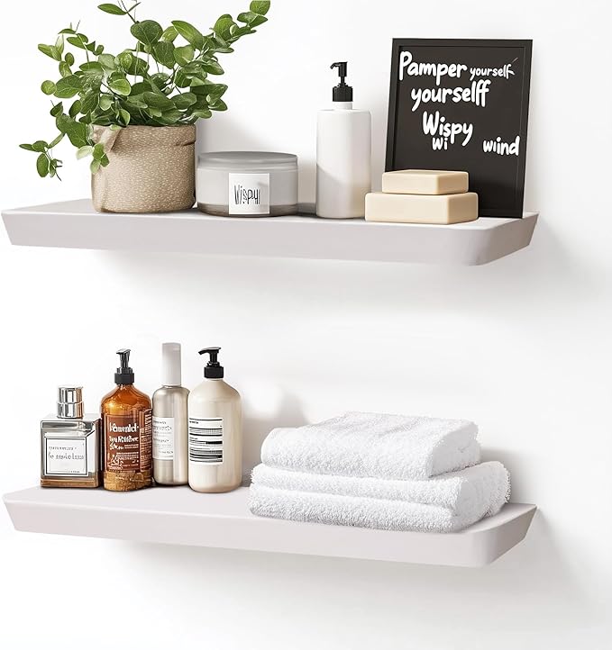 24"x6.8"x1.6" Slanted Floating Wall Shelves 2-Pack - Rustic White Finish, Heavy-Duty Solid Wood Design with Hidden Brackets - Perfect for Living Room, Kitchen, Bathroom, or Office-Ruum Studio Home