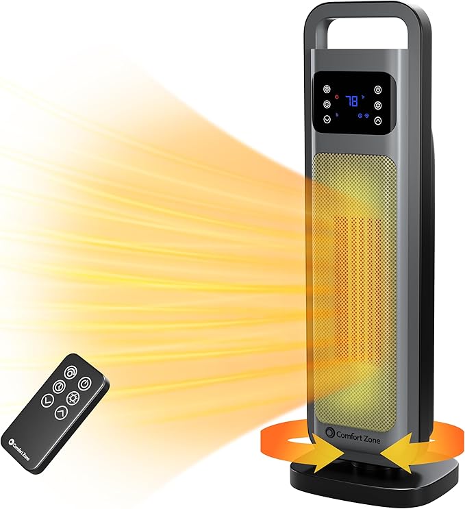 Comfort Zone Oscillating Digital Tower Heater with Remote Control for Indoor Use, Adjustable Thermostat, Timer, Overheat Protection, Tip-Over Switch, Ideal for Home, Bedroom, & Office, HT1206-GRY-Ruum Studio Home