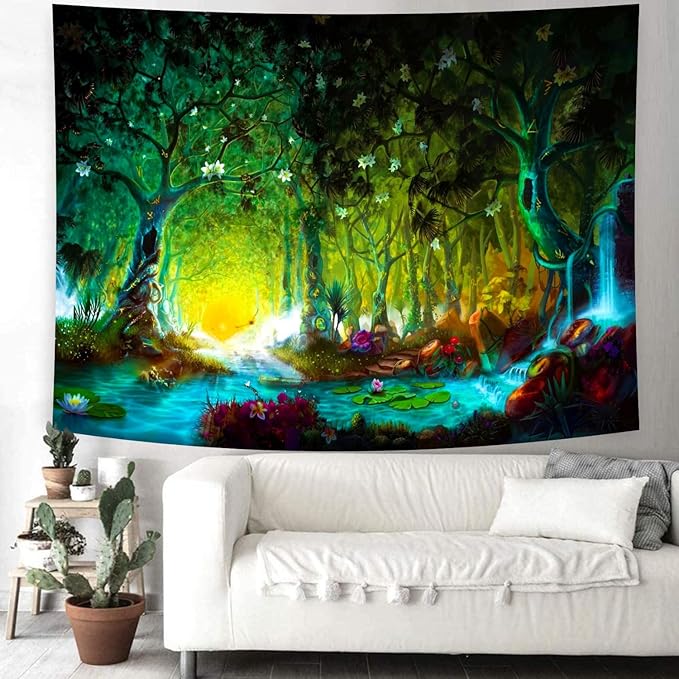 Delur Fantasy Forest Tapestry Mystical River Enchanted Magical Fairy Tale Tree Tapestry Sunrise Landscape Sunset Nature Psychedelic Wall Hanging Headboard for Bedroom Living Room Home Decor (51.2" x 59.1")-Ruum Studio Home
