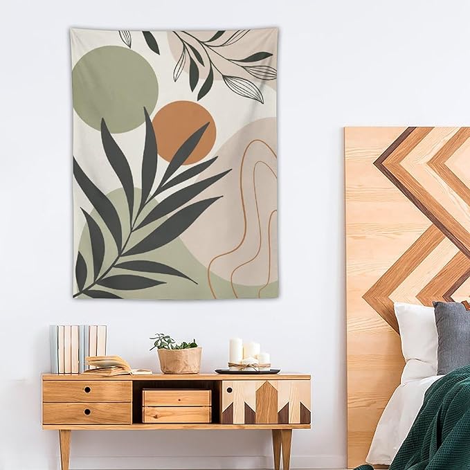 Abstract Bohemian Mid Century Tapestry, Tropical Leaves Modern Geometric Archway Minimalist Bohemian Botanical Aesthetic Wall Hanging, Sage Green Gold Home Decor Art for Bedroom 60x80 Inch-Ruum Studio Home