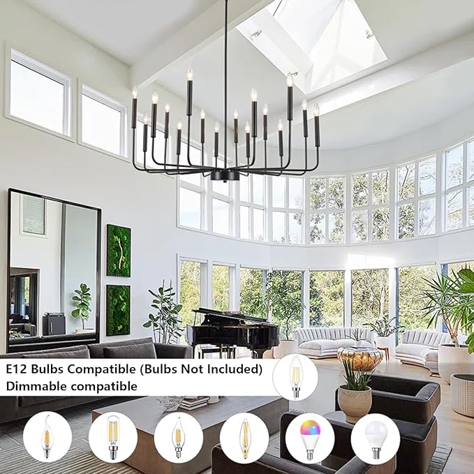Modern Black Farmhouse Chandeliers, 16-Light Industrial Metal Chandelier Lighting, Classic Candle Hanging Pendant Light Fixtures for Kitchen Island, Living Room, Dining Room, Stair-Ruum Studio Home