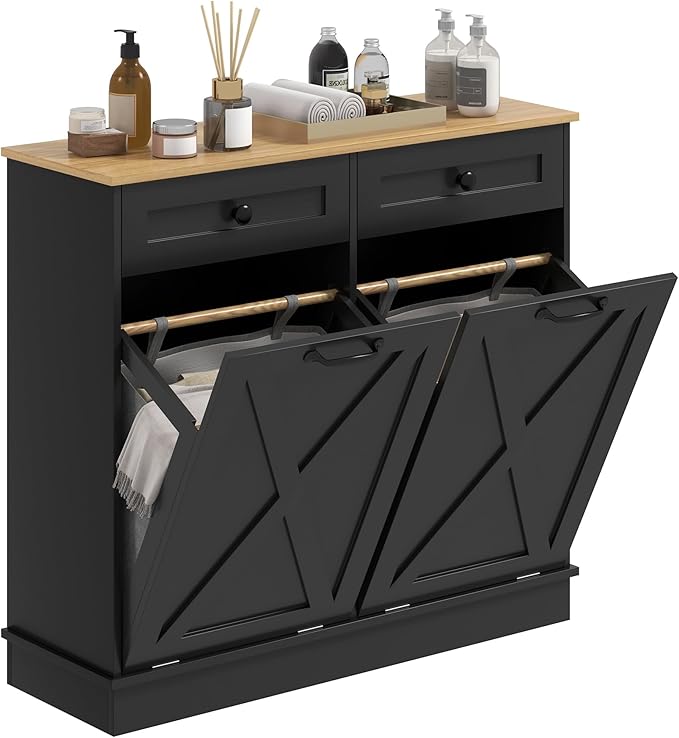 HOMCOM Tilt Out Laundry Hamper Cabinet with 2 Removable Baskets, Freestanding Bathroom Storage Cabinet with 2 Drawers, Trash Can Cabinet for Living Room, Laundry Room, Black-Ruum Studio Home