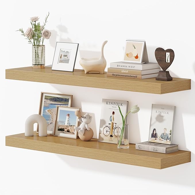 Dreamland 40 Inches Floating Shelves for Wall, 9.3" Deep Long Floating Shelves Set of 2, Large Display & Storage Shelf, Wall Shelf for Bathroom Bedroom Living Room Kitchen Office, Oak-Ruum Studio Home