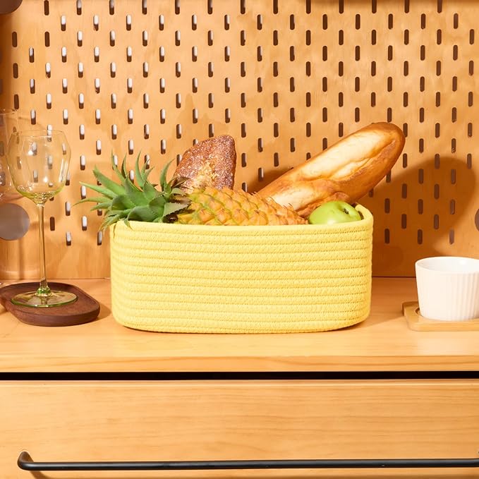 Small Storage Baskets for Organizing | Closet Organizer Bins | Shelf Toy Basket | Woven Rope Baskets | Cube Decorative Box | Shallow Basket | 11.5x7.5x4.7” | 3 Packs Yellow-Ruum Studio Home