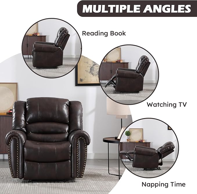 CANMOV Leather Recliner Chair, Classic and Traditional Manual Recliner Chair with Comfortable Arms and Back Single Sofa for Living Room, Dark Brown-Ruum Studio Home